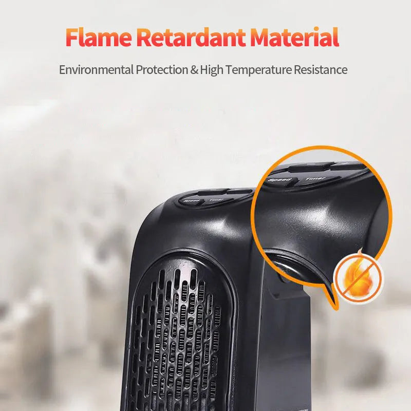 Compact black ceramic fan heater with rotatable EU plug on a desk