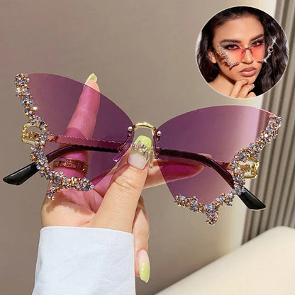 Luxury diamond-studded butterfly sunglasses in various gradient color options, featuring a vintage-inspired design and high-quality materials for a fashionable and glamorous look.