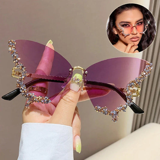 Luxury diamond-studded butterfly sunglasses in various gradient color options, featuring a vintage-inspired design and high-quality materials for a fashionable and glamorous look.