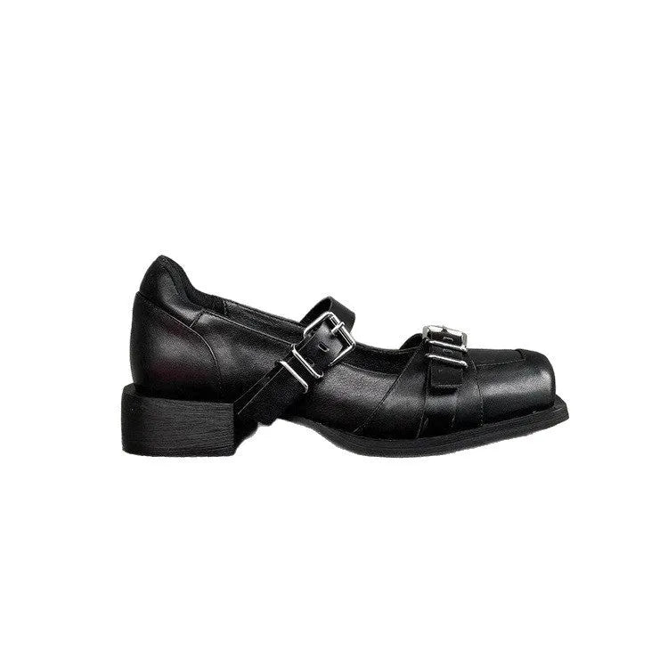 Black women's casual round toe PU mid heel shoes with metal buckle and belt decoration, front lace-up