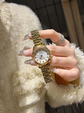 Steel watch for women with rose shell dial and black leather strap
