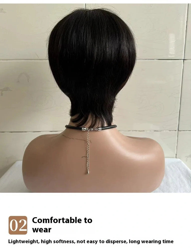 Short straight human hair wig with side bangs in natural black colour, showing 30cm length and realistic hairline