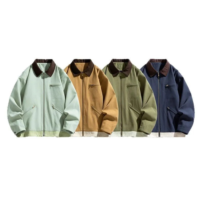 Man wearing a mint green loose retro workwear jacket with contrast lapels and side pockets.
