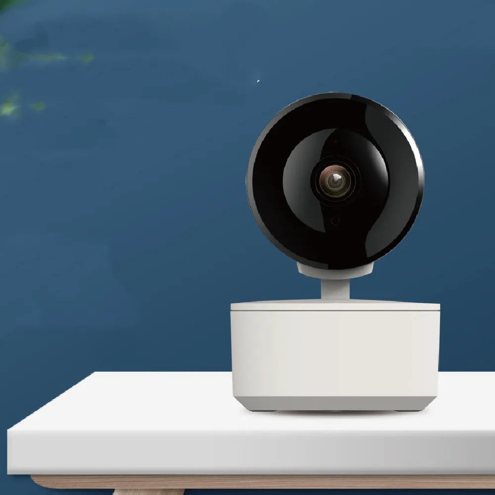 White indoor Wi-Fi security camera with 1080P lens on a stand