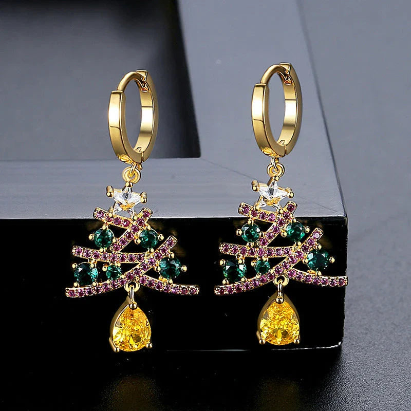 Elegant Christmas tree earrings with colorful rhinestones, a festive fashion accessory for women