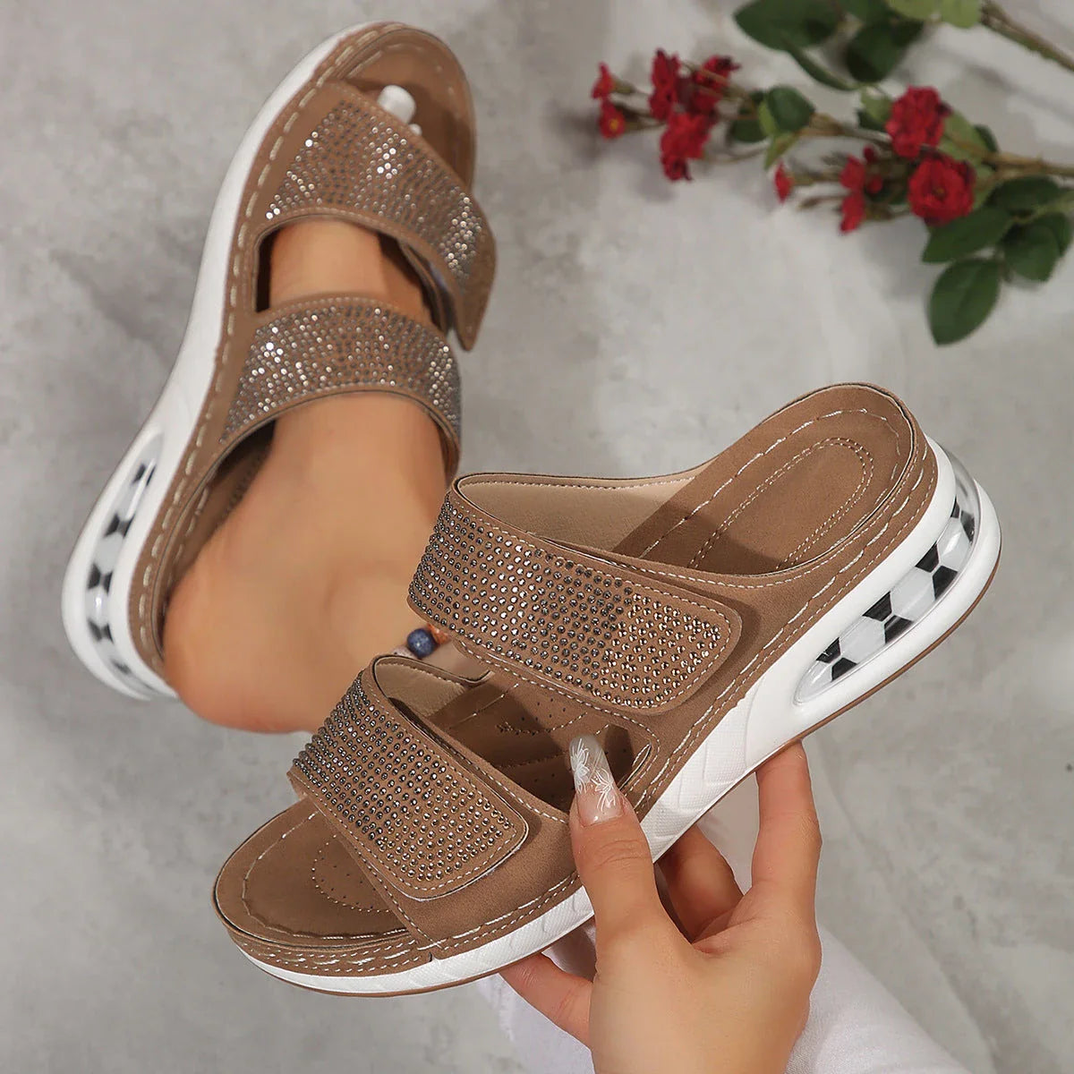 Premium rhinestone sandals with cushioned soles for women in various colors and sizes