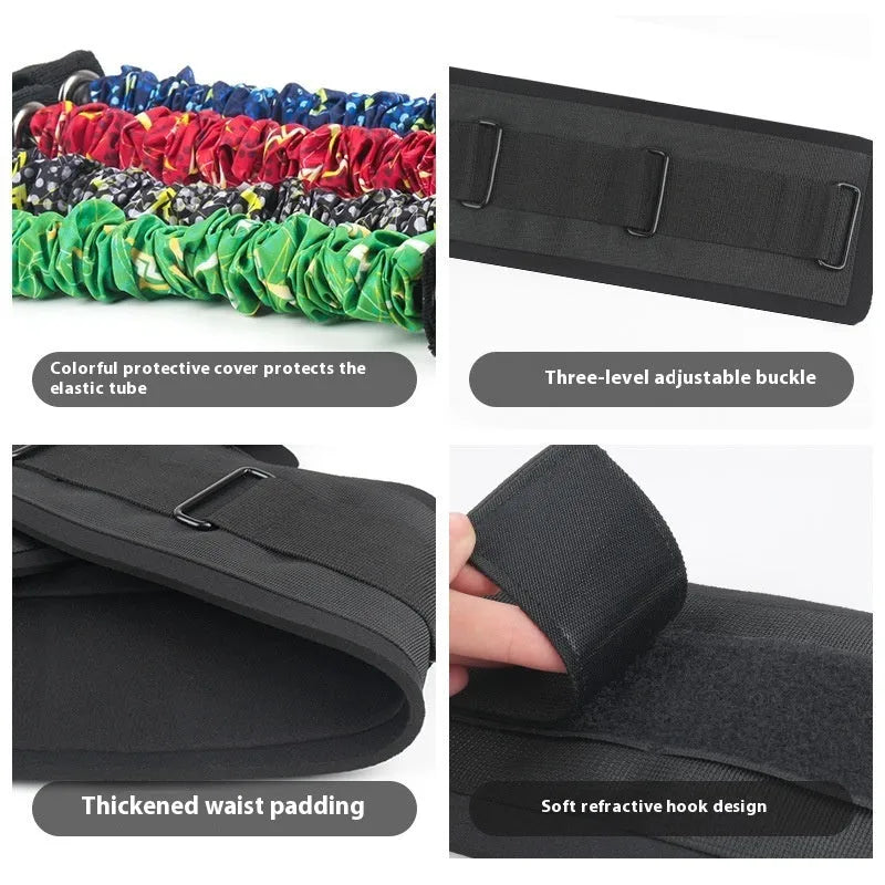 Fitness chest expander elastic belt with colour-coded sleeves indicating 100-300 pound resistance options