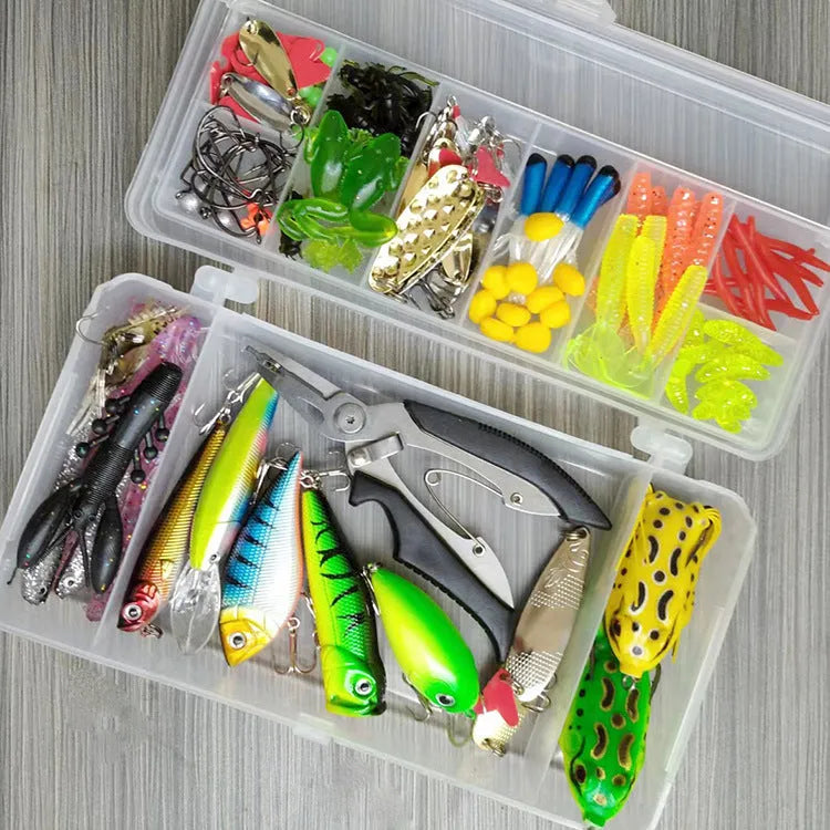 142-piece fishing lure set showing metal hard minnows, plastic sequin baits, and fishing pliers