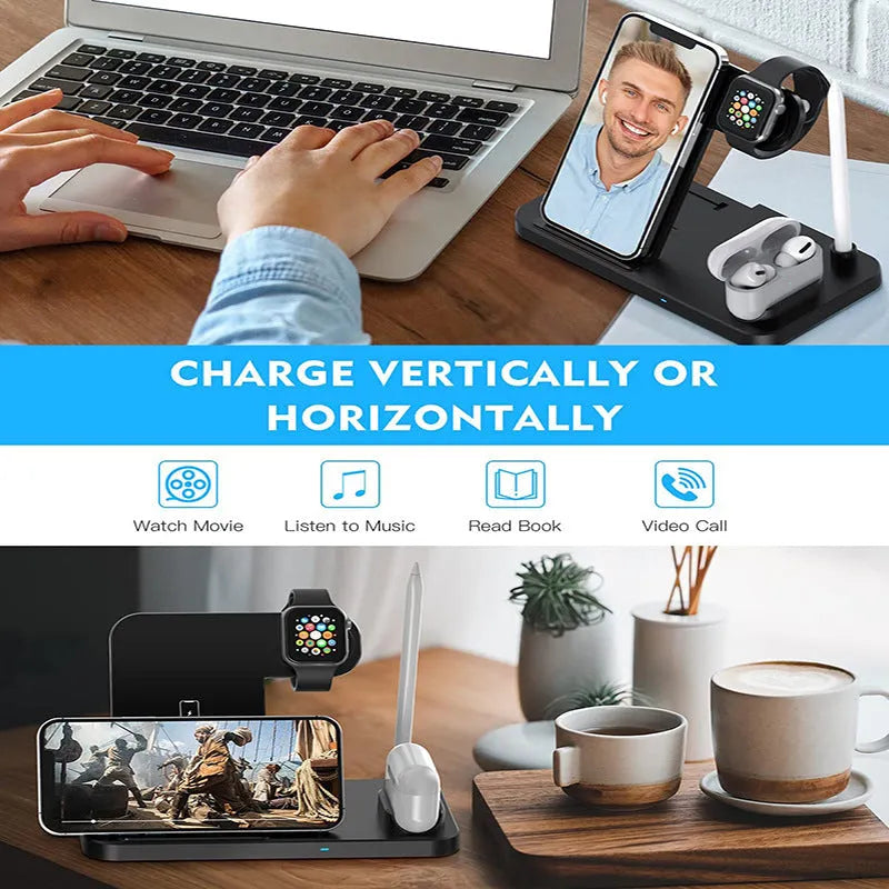 Black four-in-one wireless phone charger with QC3.0 charging head for multiple device charging