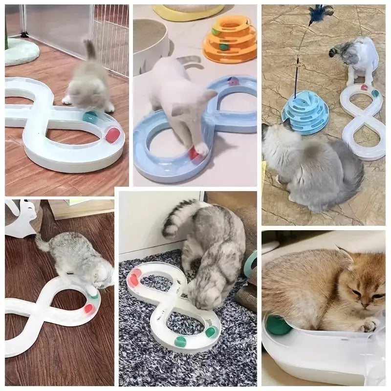 Blue interactive cat play track with turntable ball and four toy attachments on a white background.