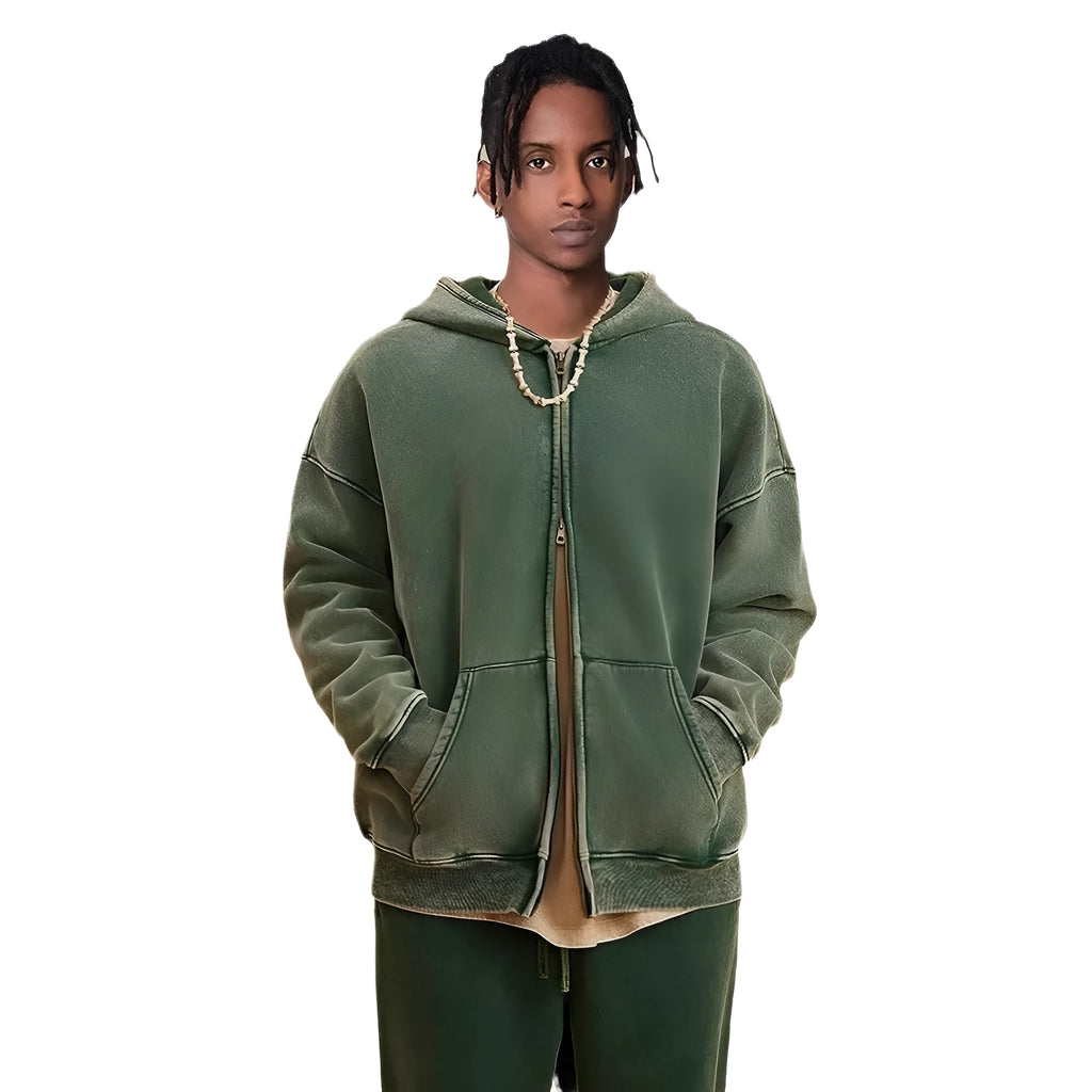 Men's dark green hooded cardigan sweater with a double zipper and fleece lining.