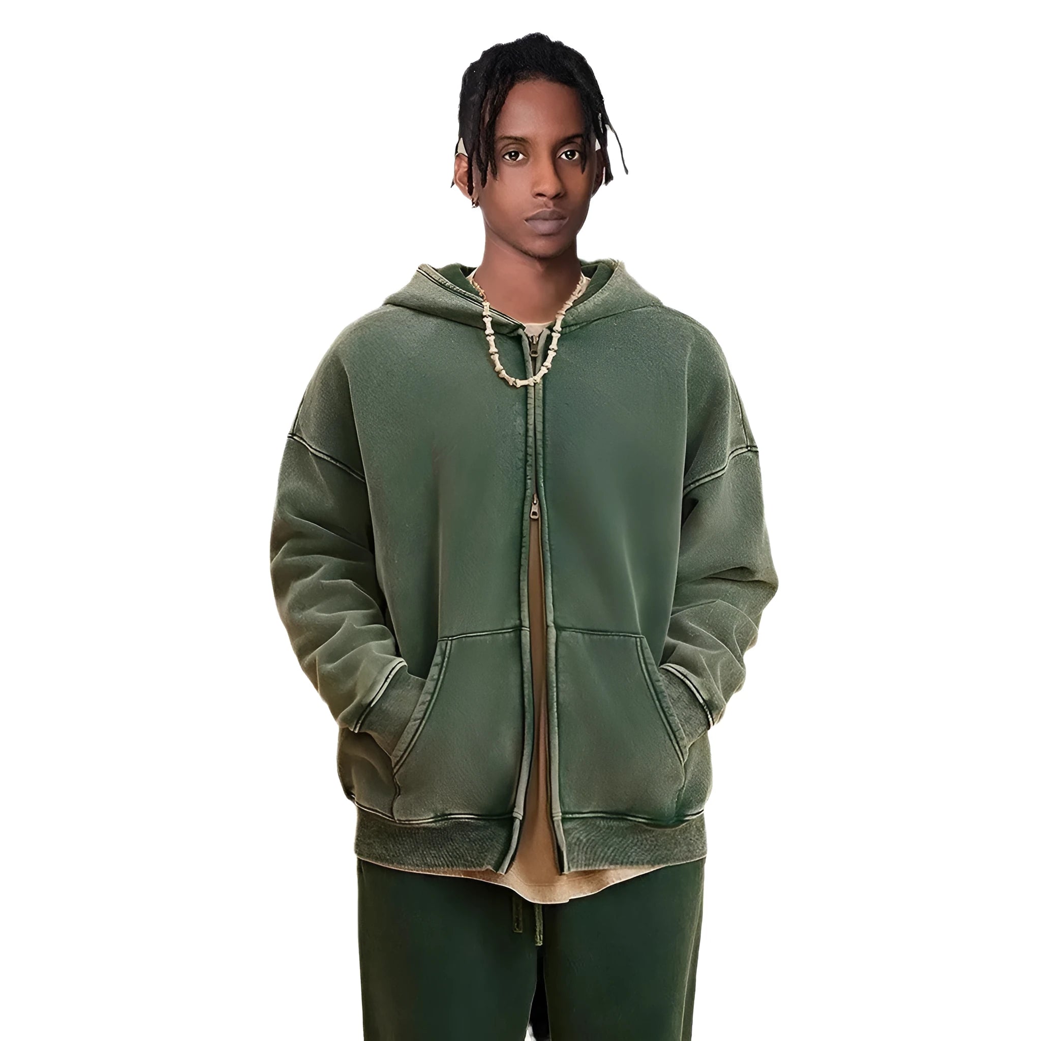 Men's dark green hooded cardigan sweater with a double zipper and fleece lining.