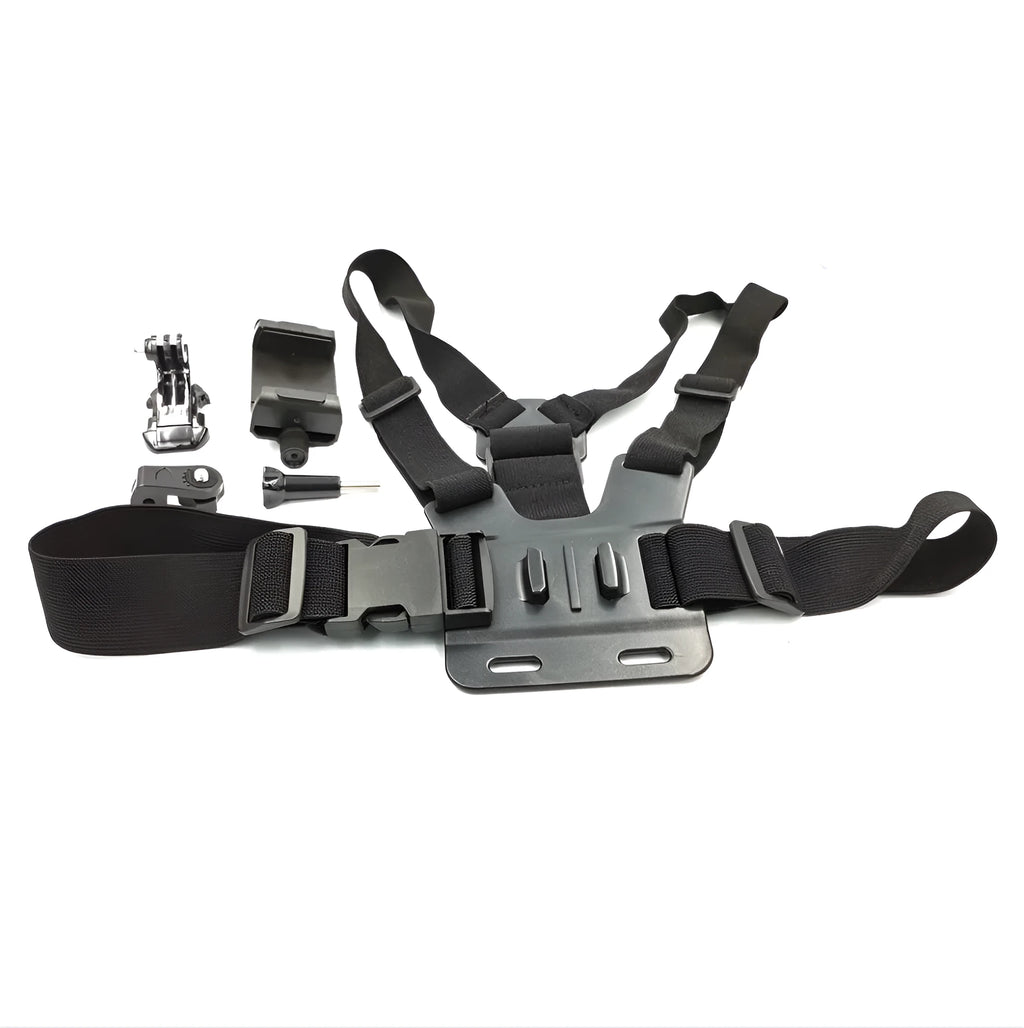 Chest strap holder with plastic clip and adjustable nylon straps for mobile phone or sports camera mounting