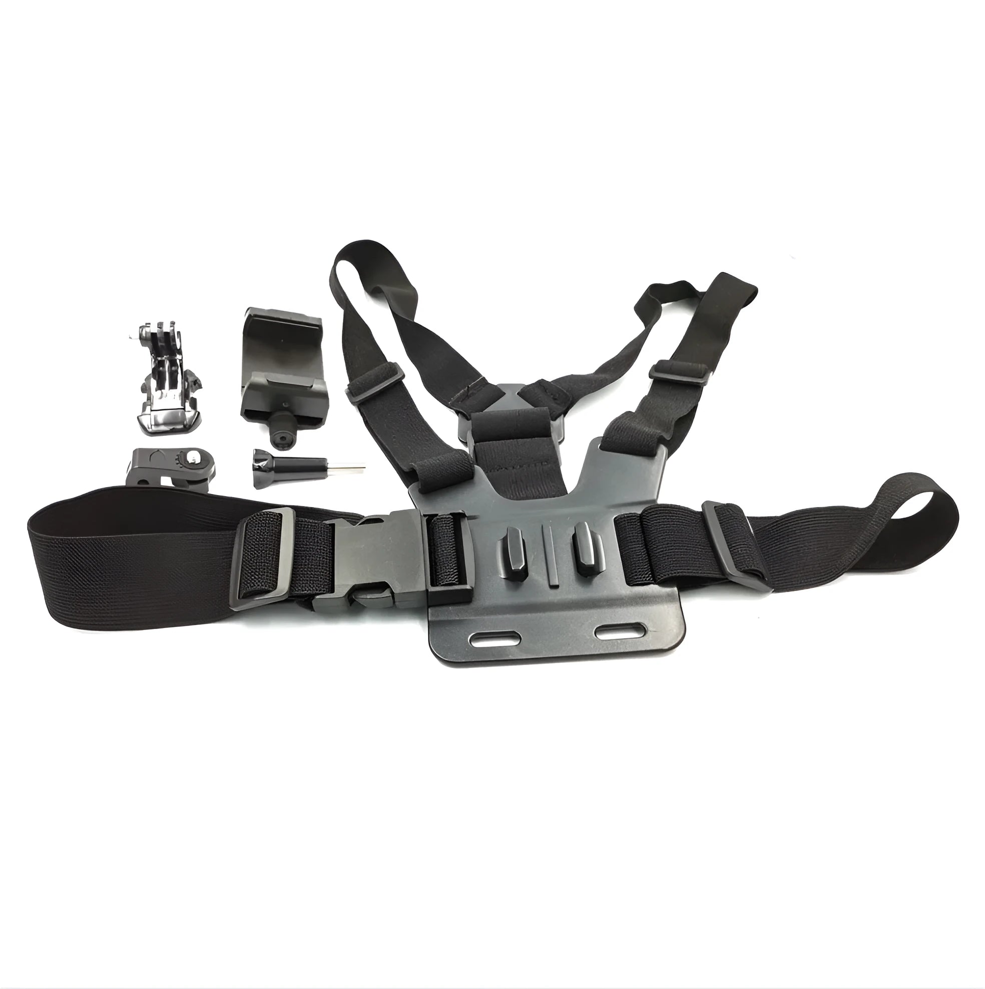 Chest strap holder with plastic clip and adjustable nylon straps for mobile phone or sports camera mounting