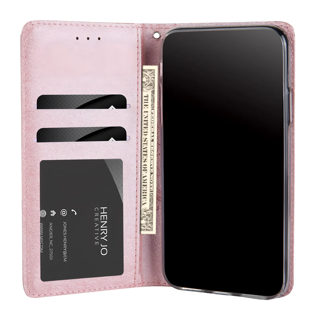 PU leather flip phone case for iPhone with a card slot, shown in multiple colour options.