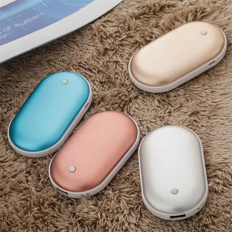Macaron USB charging hand warmer power bank in aluminium alloy casing with double-sided heating and indicator light