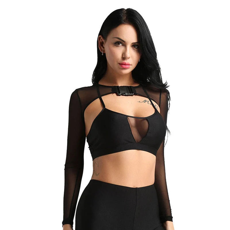 Women's mesh crop top with button front in green and black
