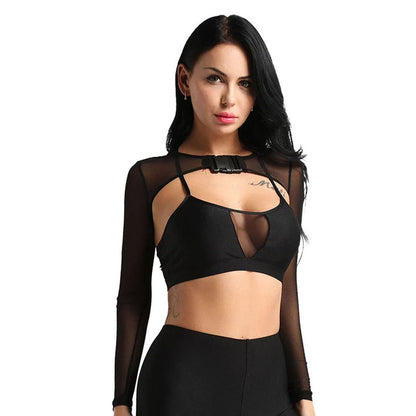 Women's mesh crop top with button front in green and black