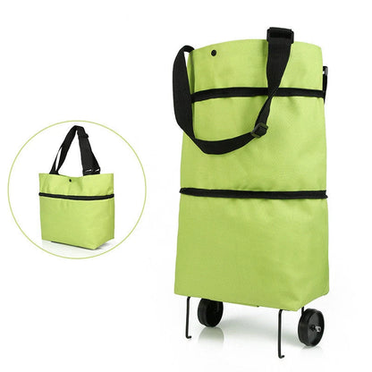 Folding shopping cart with wheels and reusable bags in various colors