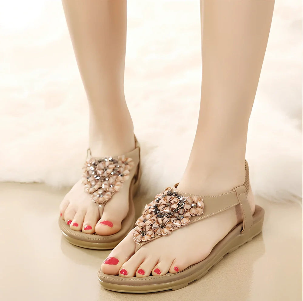Women's flat sandals in pink with rhinestone flowers, elastic ankle strap, PU upper, size 38, 0-3cm heel for summer casual wear