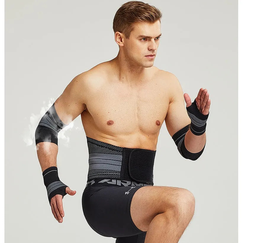 Sports protective gear set including ankle brace, elbow pads, palm guard, and waist support in nylon