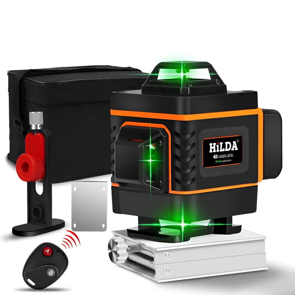 Rotating laser level showing green beam projection for wall alignment