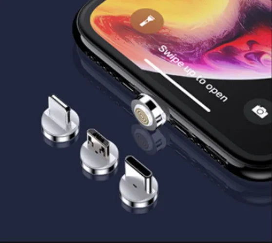 Black magnetic USB charging cable with LED light, compatible with Apple iPhone and Android phones