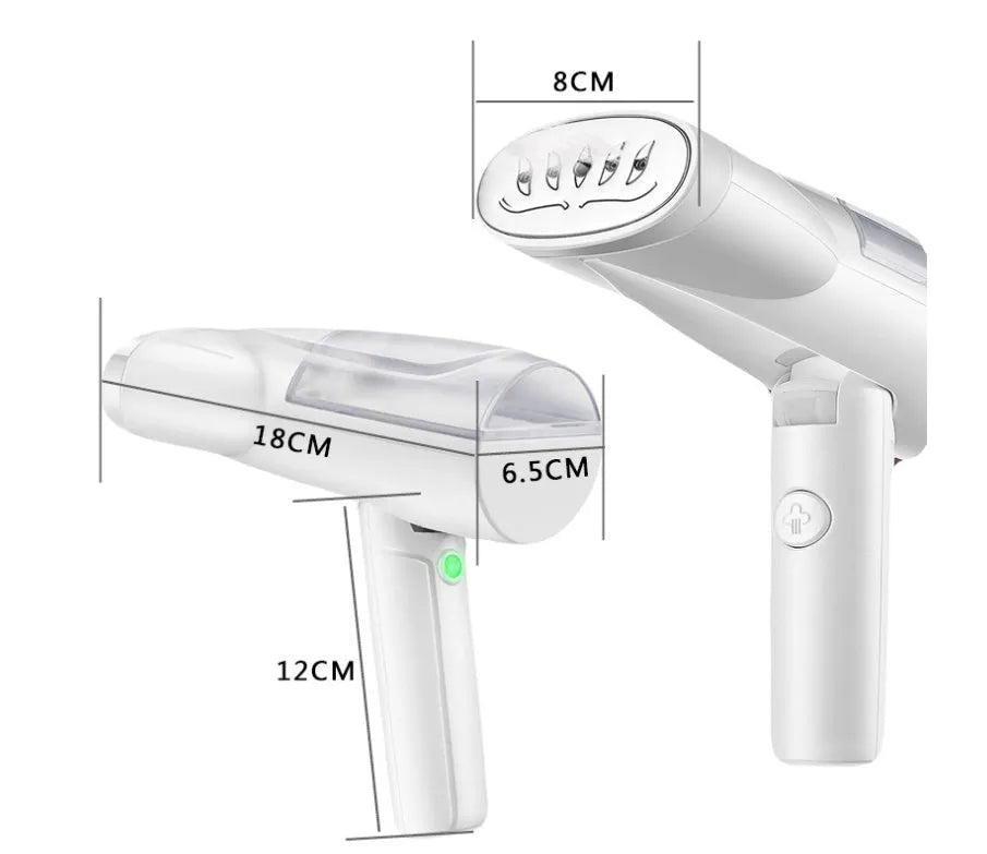 White folding ironing machine with 800W steam function, compact folded size 10cm by 6.2cm by 18cm, includes long hair brush