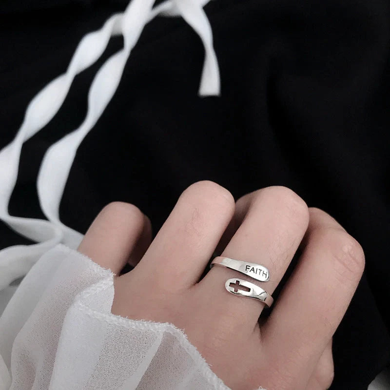 Adjustable English Letter Hollow Belief Ring in silver with unique design