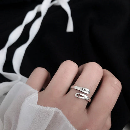 Adjustable English Letter Hollow Belief Ring in silver with unique design