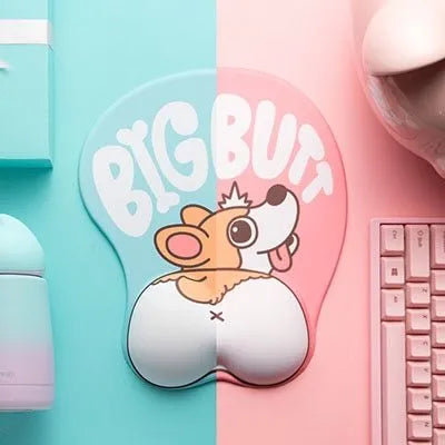 Blue 3D corgi design ergonomic mouse pad with raised wrist cushion on a desk