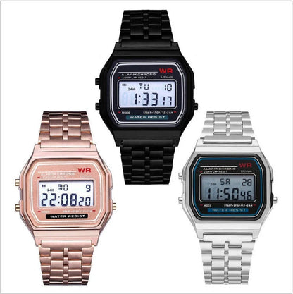 WR F91W Steel Band Electronic Watch with square dial and stainless steel strap