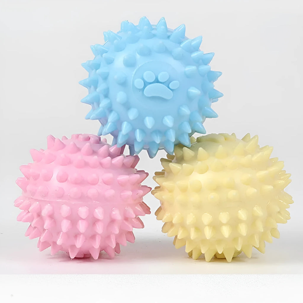 Blue TPR rubber pet chew ball with textured footprint design for teeth cleaning