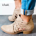 Women's pointed thick heel hollow short boots in suede with back zipper, available in camel colour