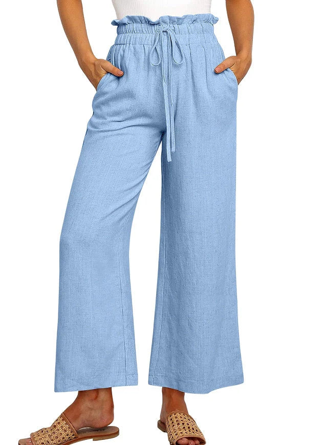 Elastic Waistband Lace-up Wide Leg Cropped Pants in various solid colours