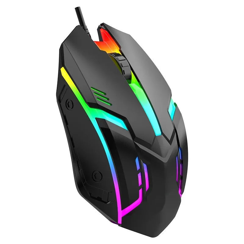 Black e-sports weighted wired USB gaming mouse on a desk