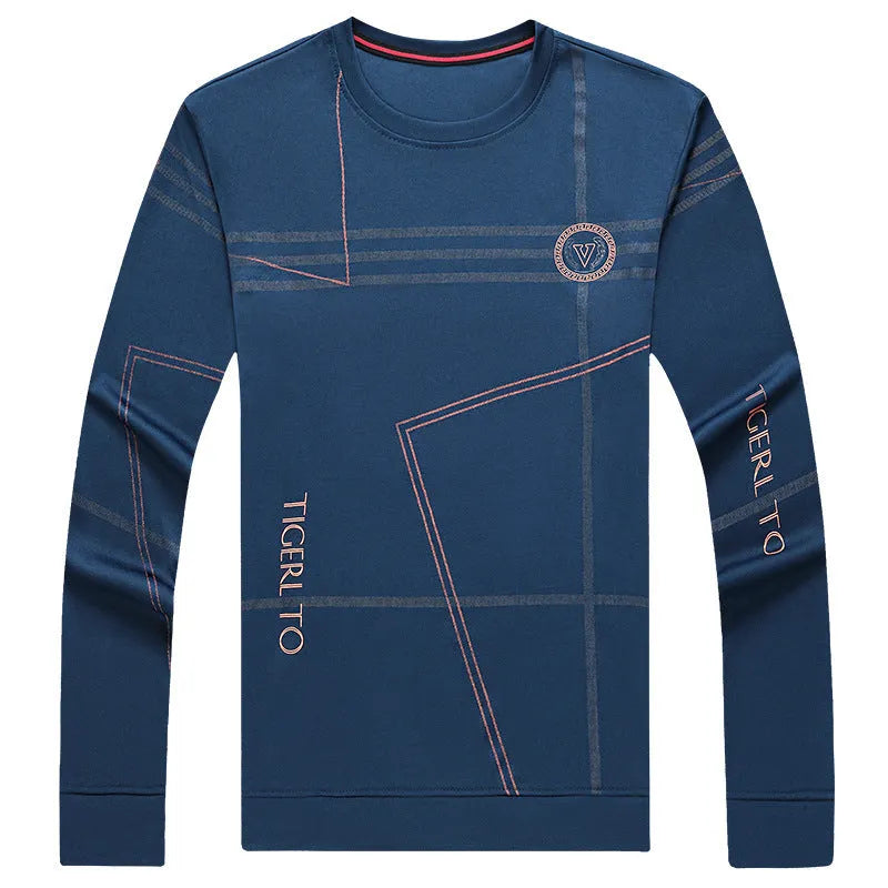 Men's round neck long sleeve t-shirt in polyester blend with letter print, available in red, grey, green, black, navy blue, and blue.