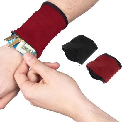 Red polar fleece wrist wallet with 15cm band for running and cycling storage