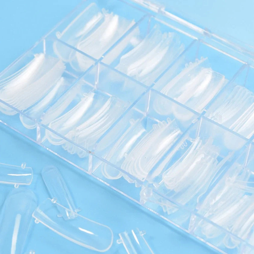 100-piece crystal transparent false nail set with solid-state extension glue and multiple sizing options