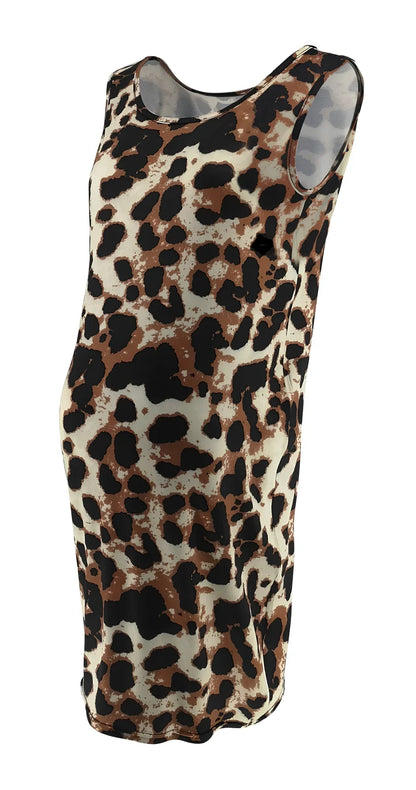 Sleeveless leopard print maternity dress in navy blue, loose waist MIDI length for pregnant women, polyester fabric with V-neck