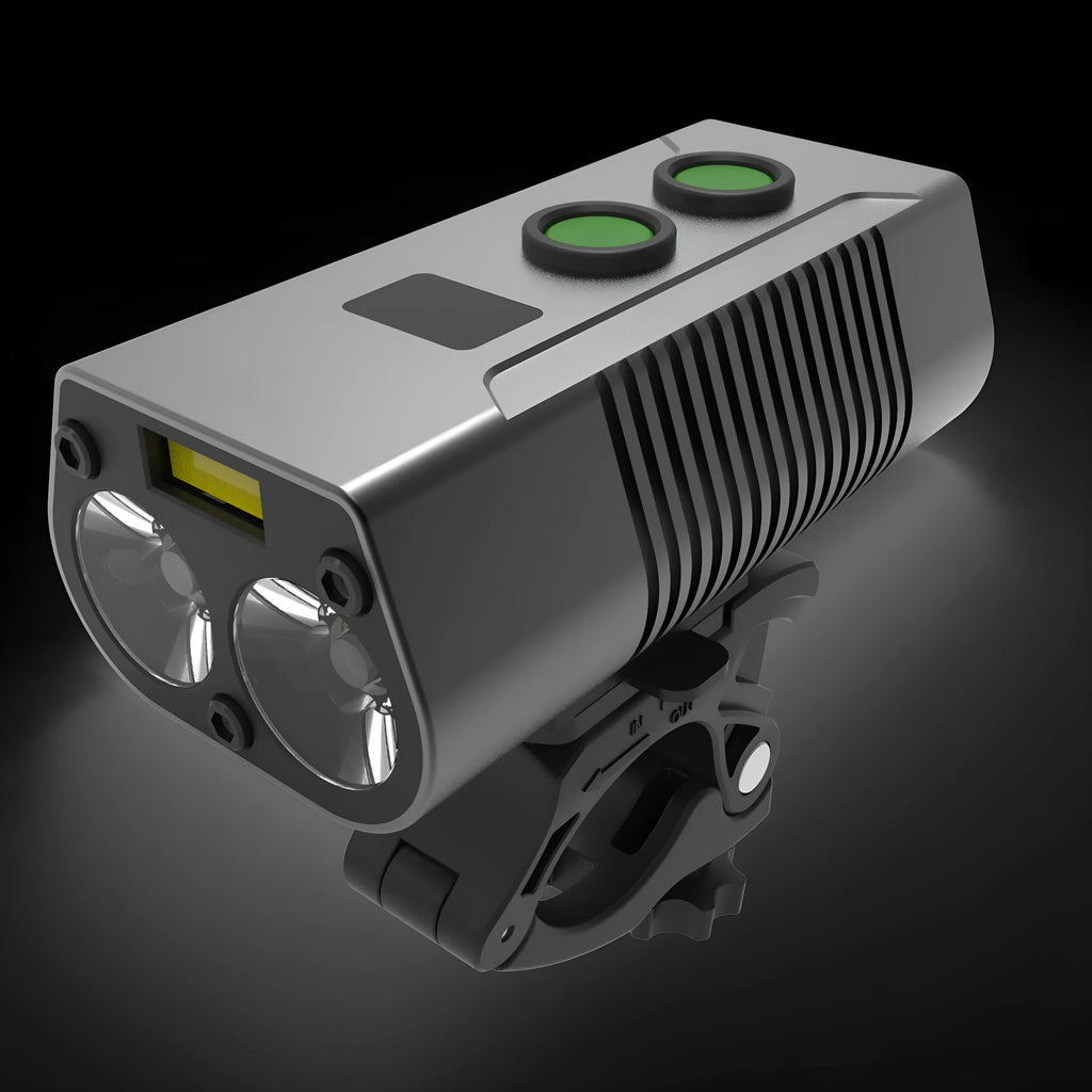 Waterproof bicycle light 750 lumen black with digital display mounted on handlebars