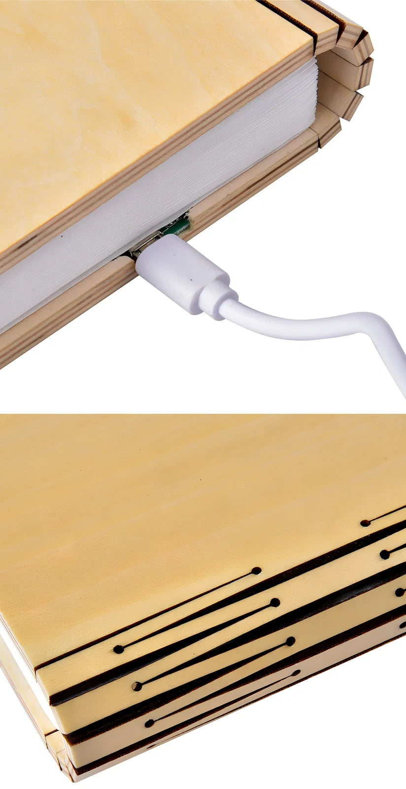 Wooden folding LED book light in walnut finish, open to 360 degrees showing warm white illumination on Tyvek pages, 21.5cm size