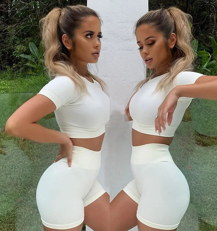 Women's Yoga Suit Two-Piece Set Knitted Nylon Material Super Elastic Short Sleeve Top and Shorts for Gym Workout Running Training Blue Grey Purple White S M L