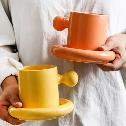 Creative Vitality Egg Yolk Cup Mug and Saucer Set in vibrant coconut milk-white, egg yellow, coral orange, and honeydew green colours