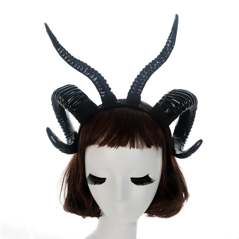 U-shaped simulation sheep horn headdress in black plastic-resin with plaid pattern, 15cm height for festivals