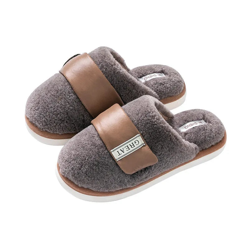 Hook furry slippers for women, beige colour, with plush upper and Velcro strap, on a light background