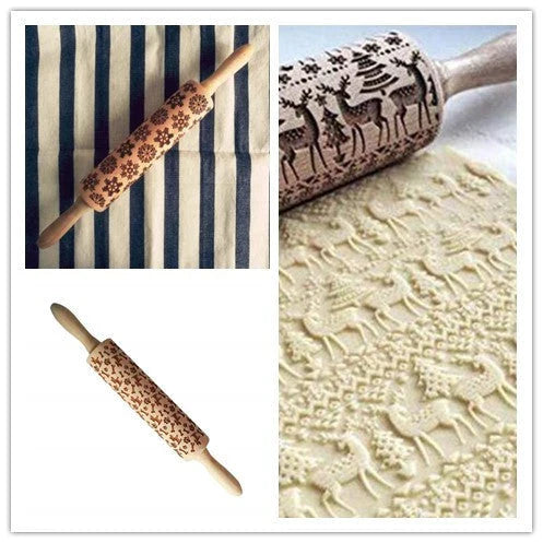 Wooden Christmas embossing rolling pin with non-stick surface for festive baking
