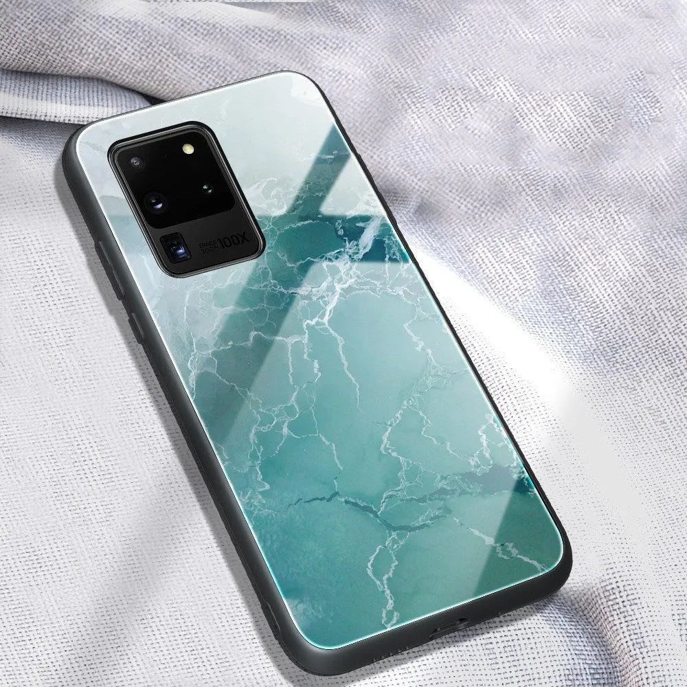 Marbled glass phone case with TPU bumper and tempered glass back for Samsung Galaxy models