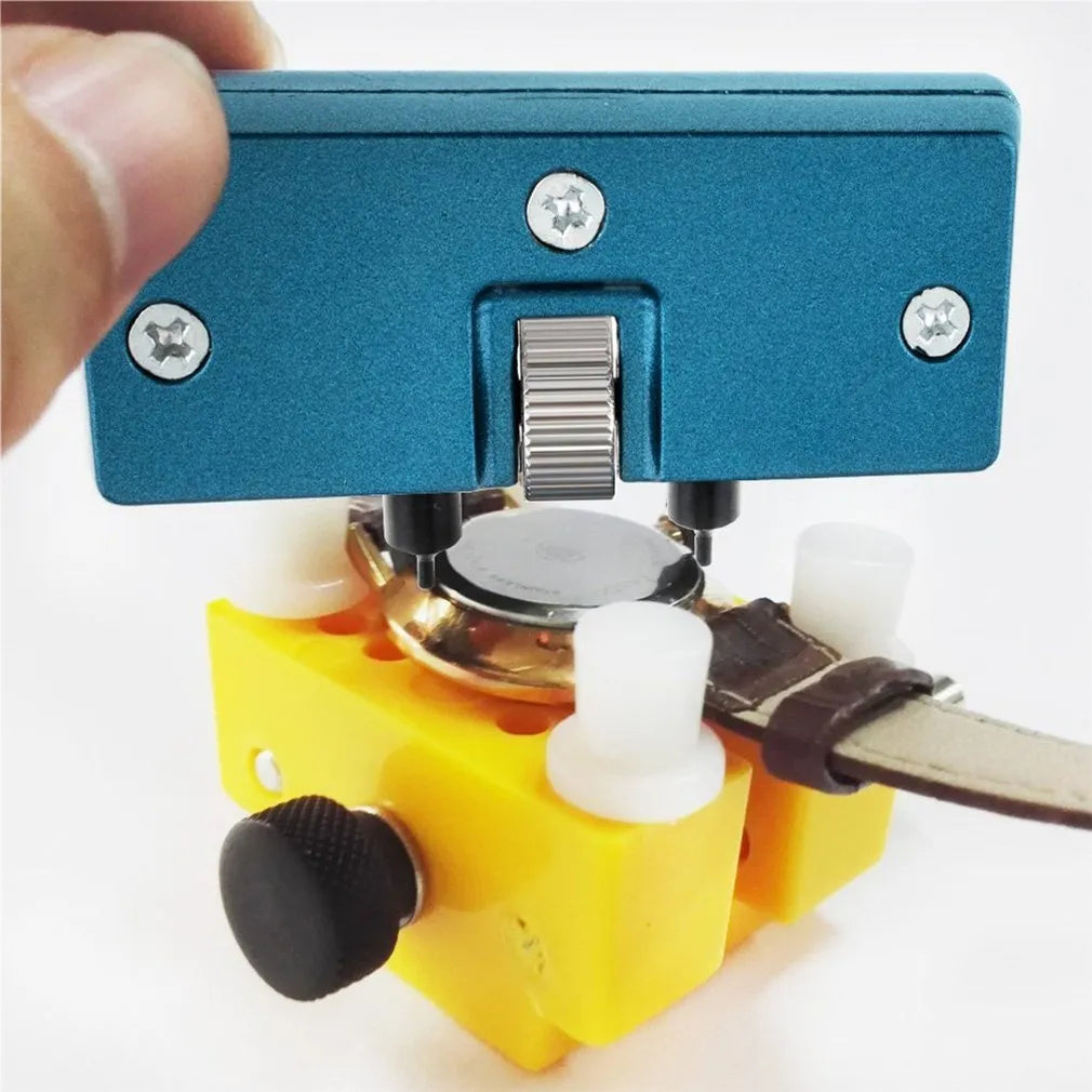 Yellow plastic watch case opener tool and fixing base set for watch repair and battery changes