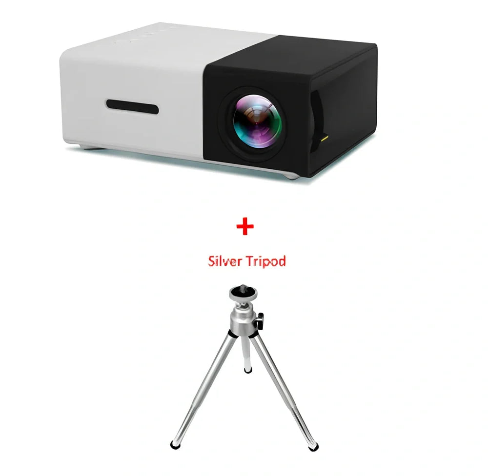 Yellow 1080P LED mini projector with HDMI ports, projecting 80-inch image from 1.2m distance